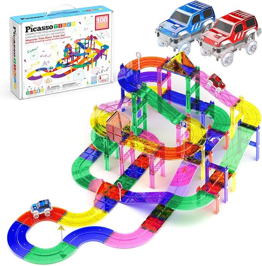 PicassoTiles 100 Pcs Race Track Magnetic Tiles Building Set LED Cars Truck Included with Adjustable Roads and Signs Multicolored STEM Toy Kit Construction Educational for Boys & Girls Ages 3+ PTR100