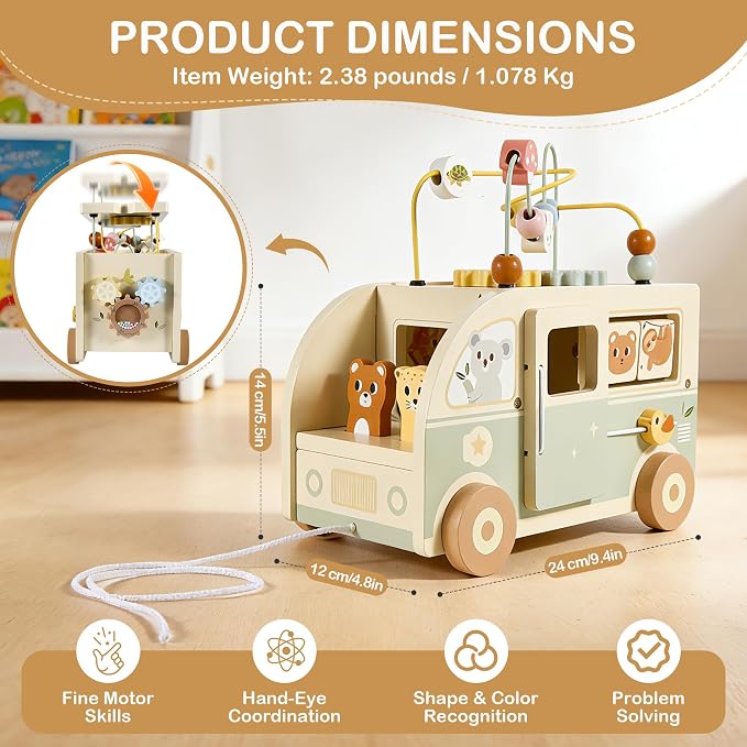 Pithfor Wooden Montessori Toys for 1 Year Old, Push & Pull Car Toys for Baby Toddlers 1 2 3 Year Old, 1st First Birthday Gift for Boys Girls, with Bobbling Driver & Bead Maze