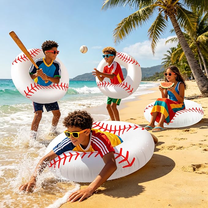 4 Pcs Baseball Stitching Pool Floats - 28 Inch Sports-Themed Kids Swim Rings (Ages 10-15), Inflatable Pool Toys for Hawaiian, Beach, Water Park