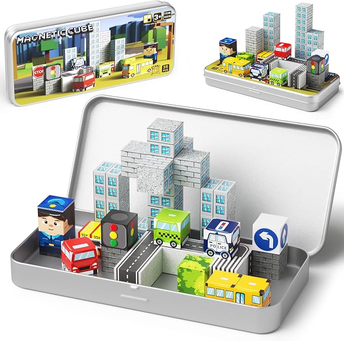 City Traffic Magnetic Blocks Set, 35PCS STEM Toys for Kids Ages 3-8, Travel Building Toys with Carrying Case, Child-Safe with Fully Encased Magnets, Car/Airplane Toddler Toy Birthday