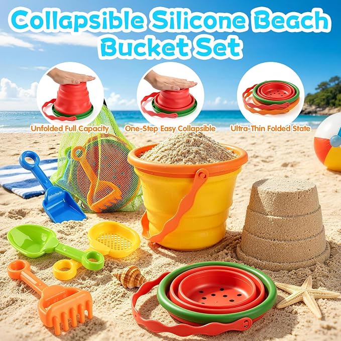 Collapsible Beach Toys for Kids, 2 Packs Foldable Silicone Sand Buckets Set with 4 Packs Sand shovels and Mesh Bag, Travel Beach Essentials for Sandbox, Pool, Camping,Fishing, Summer Party Favors