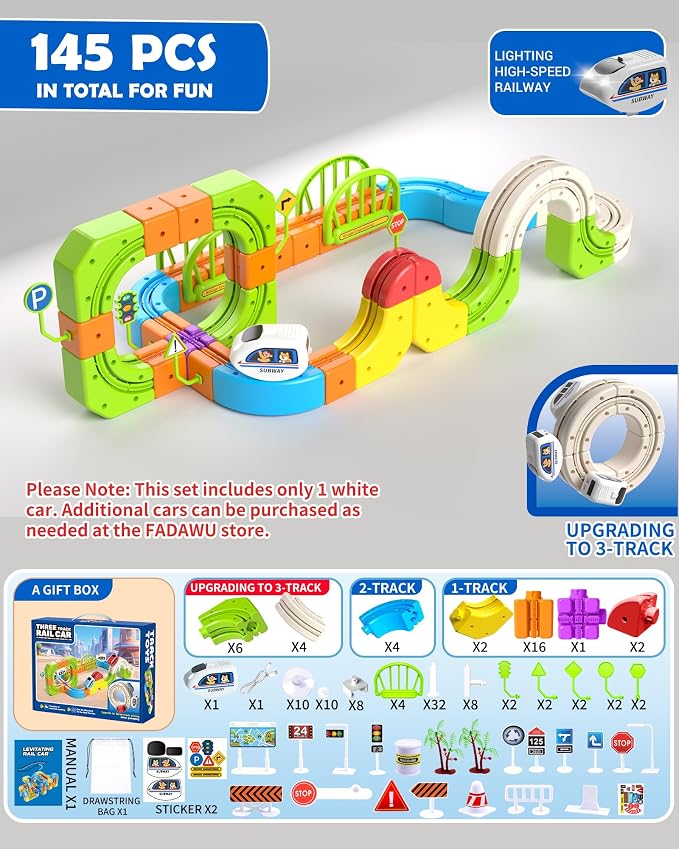 Electric Train Set for Kids 3 4 5 6 7 8, Magic Rail Block Flexible Race Track Railway Set, DIY Assembled 3D STEM Car Track Train Toys for Toddlers 3-5, Birthday Gift for Boys Girls(145 Pcs)