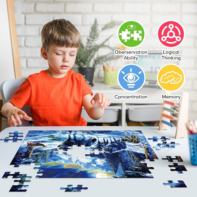 Jeacirio 100 Piece Jigsaw Puzzle for Kids Ages 6-8 8-10, Wolf Family in Snowy Mountain Forest, Educational Animal Puzzle, Screen-Free for Boys Girls