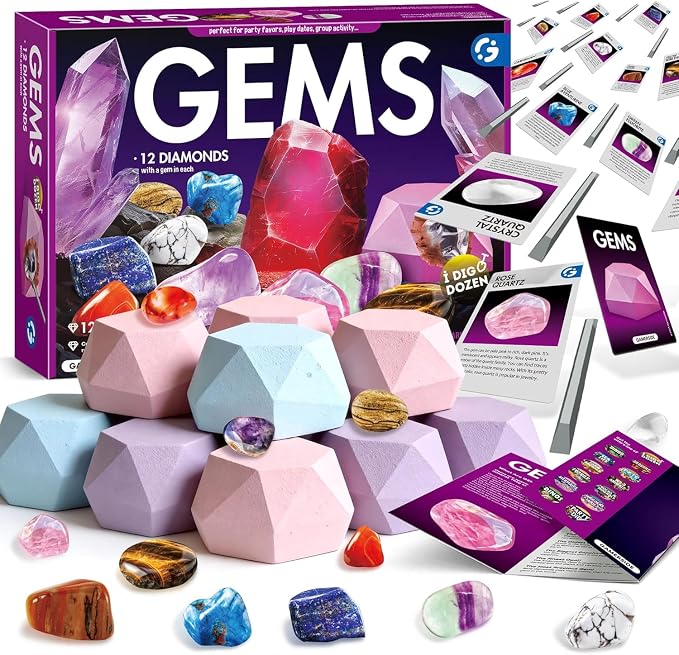 Piano Potato Gemstone Dig Kit, Dig Up 12 Real Gems & Crystals, Gem Dig Kit with Diamond-Shaped Blocks, Educational Excavation Toy for Kids 6 7 8 9 10 11 12 Years
