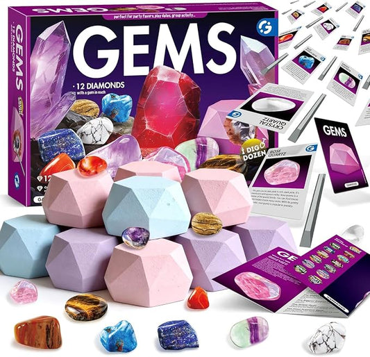 Piano Potato Gemstone Dig Kit, Dig Up 12 Real Gems & Crystals, Gem Dig Kit with Diamond-Shaped Blocks, Educational Excavation Toy for Kids 6 7 8 9 10 11 12 Years