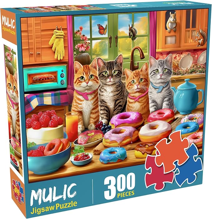 300 Piece Puzzles for Kids Boys Girls Ages 6-8 8-10 10-12 - Jigsaw Puzzles for Adults - Kitchen Kittens and Donuts