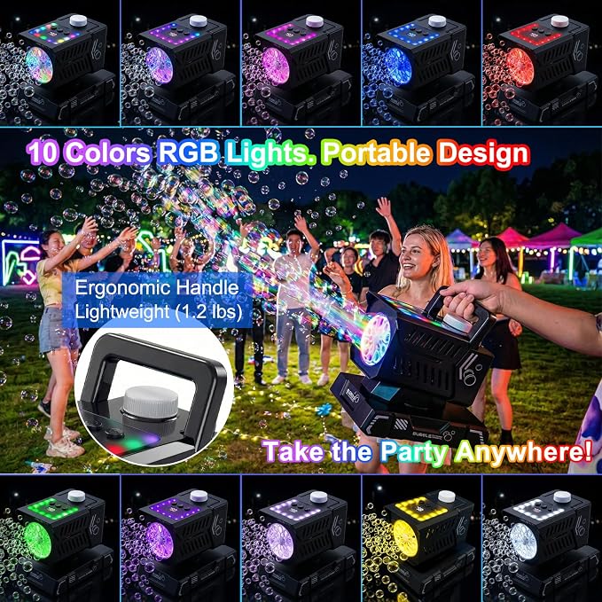 Bubble Machine for Kids, Rechargeable Bubble Maker with Remote & RGB Lights, Automatic Rotating Battery Bubble Blower for Birthday Parties, Weddings, Outdoor Activities, Pets