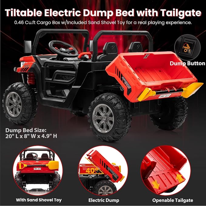 24V 4WD Ride on Truck Car w/4X200W Motor, Dump Bed, Gift Flower, 2 Seaters, Remote Control, 4 Wheeler, LED Light, Music, 24 Volt Ride on Toys for Big Kids Girls 3-8, Red