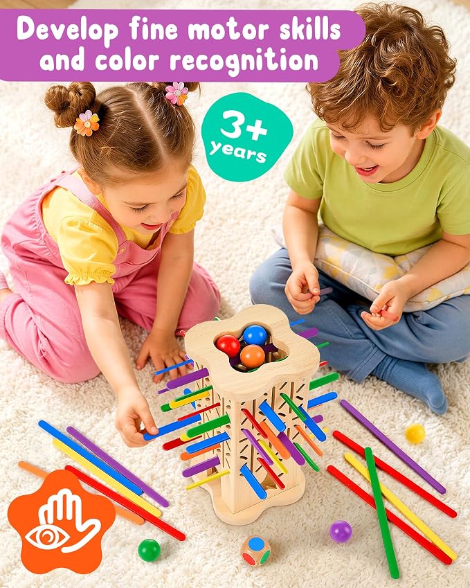 Montessori Wooden Board Games for Kids Ages 4-8, 42 Wooden Strips Game, Color Matching Board Games for Kids 4-6, Fine Motor Skills Toy Montessori Toys for 3 4 5 6 Year Olds, Gift Boys Girls Family