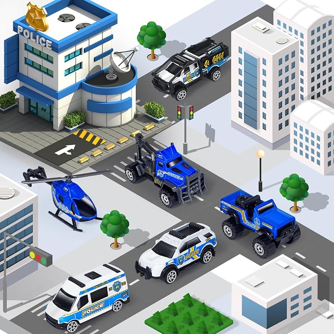Oriate 6 PCS 1:64 Die-Cast Police Car Toys & Emergency Vehicles Set - Include Helicopter, Tow Truck Toy, ATV - Cake Topper, Police Cars Party Favors, Birthday Gift for Boys Girls Ages 3 4 5 and Above