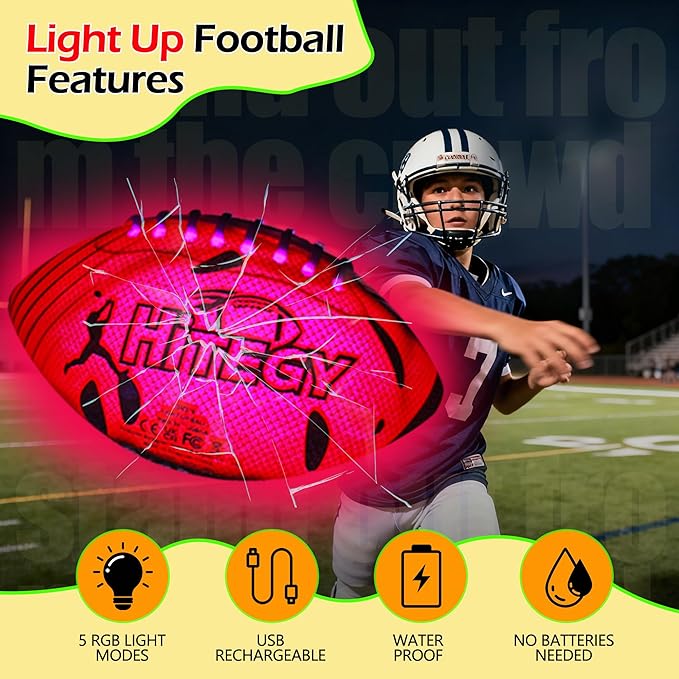 Glow in The Dark Football Light Up Football | USB-C Rechargeable LED Ball with Pump | Night Game Ball for Indoor & Outdoor Play | Gift Ready for Boys & Kids