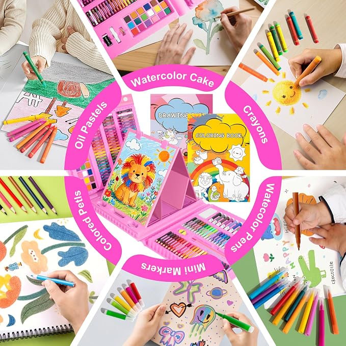GOTIDEAL Art Supplies,Kids Art Set,210 PCS Art Kit for Kids Age 6-12 with Trifold Easel, Kid Drawing kit with Coloring Book, Crayons, Markers, Watercolor Pens,Gift for Boys and Girls(Pink)