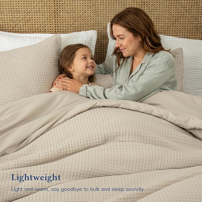 David's Home Waffle Weave Comforter Set 3PCS Queen Size, Soft Breathable Lightweight Cozy Skin-Friendly Warm for All Season, Elegant Aesthetic Home Decor Bedding Set with Pillow Shams, Linen