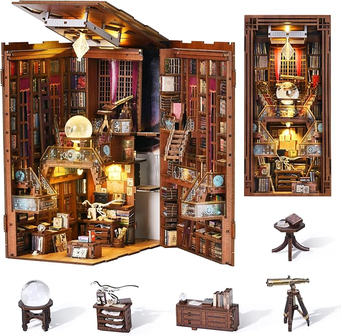 MiniCity DIY Book Nook Kit for Adults, 3D Wooden Puzzle Bookend Bookshelf Insert Decor with LED Light and Dust Cover (Beyond Library)