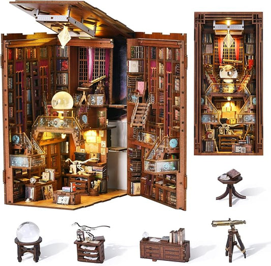 CCCDF DIY Book Nook Kit, DIY Miniature Dollhouse Booknook Kit, 3D Wooden Puzzle Bookend Bookshelf Insert Decor with LED Light for Teens and Adults (Beyond Library)