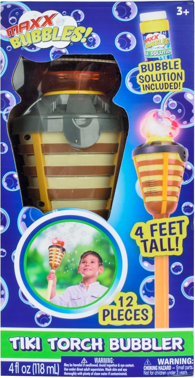 Tiki Torch Bubbler - Summer Pool Party Bubble Machine with Lights and Music, Bubble Blower and Wand, Rechargeable Outdoor Toy for Kids Teens Birthday Party, 4 Feet Tall, Includes 4oz Bubble Solution