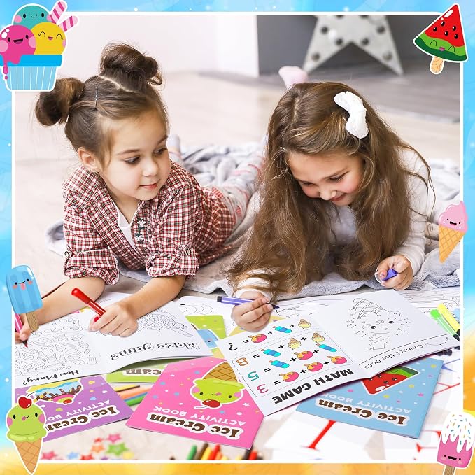 Ice Cream Activity Books for Kids 24Pcs Summer Ice Cream Mini Games Coloring Book Set Bulk Mazes Word Search Word Scramble Games for School Classroom DIY Art Gifts Summer Holiday Party Favors