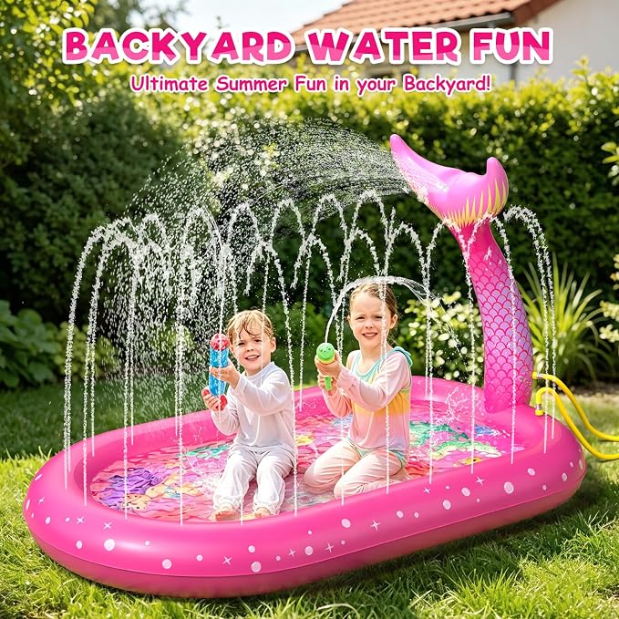 Splash Pad for Toddlers 1-3, Mermaid Inflatable Sprinkler for Kids, 3 in 1 Baby Splash Pads Kids Pool Outdoor Play Mat, Backyard Summer Water Toys Birthday Gift for 1+ Year Old Girls Kids