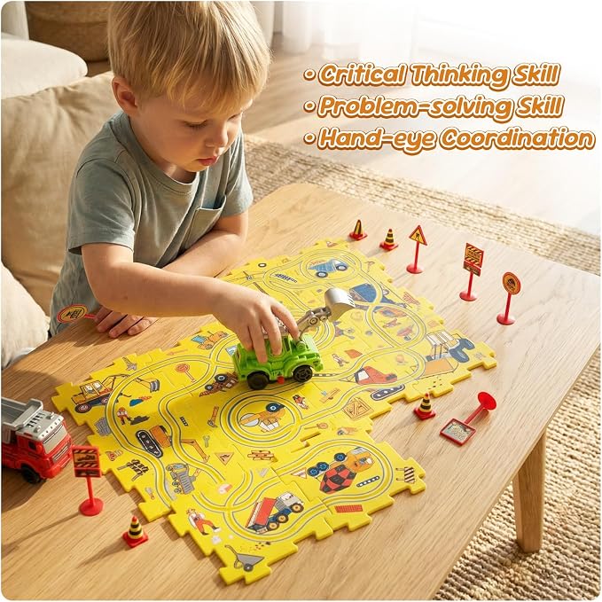 Plastic Puzzles for Kids Ages 3-5 with Toy Cars (Excavator + Dump Truck), Gift Toys for 3 4 5 6 Year Old Boys Girls, Toddler Puzzle Track Car Play Set, Critical Thinking Educational Toys