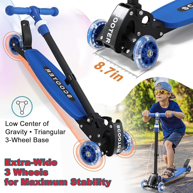 Kick Scooter for Kids Ages 6-12, Stable 3 Wheel Kids Scooter with LED Light-Up Wheels, 3 Adjustable Heights, Lean-to-Steer, Foldable, 6" Extra Wide Deck for Boys and Girls Gifts