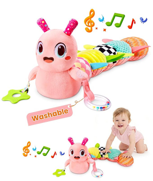 GoGonova Musical Caterpillar Baby Sensory Toy for Infant Development 0-12 Months – Tummy Time Crawler & Teether – Newborn Bath, Car Seat, Stroller & Bassinet Activity Toy & Gift(Pink)