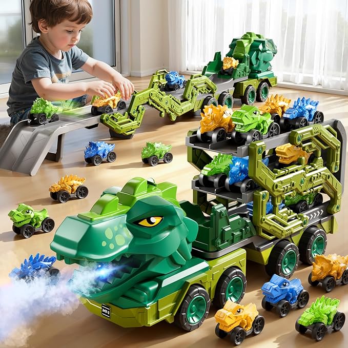 PEADUCK Toddler Car Truck Toys for Kids Ages 3-5, 10-in-1 Dinosaur Carrier Truck with Foldable Track Toys with Spray, Light & Sounds and 9 Dino Cars, Birthday Gift for 3 4 5 6 7 8 Years Old Boys Girls