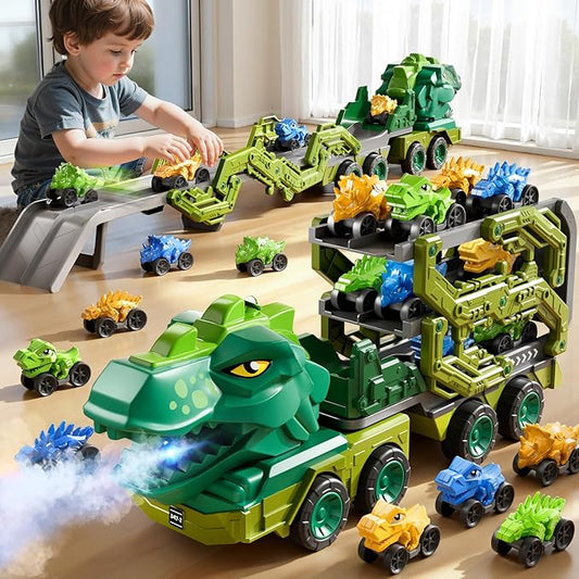 PEADUCK Toddler Car Truck Toys for Kids Ages 3-5, 10-in-1 Dinosaur Carrier Truck with Foldable Track Toys with Spray, Light & Sounds and 9 Dino Cars, Birthday Gift for 3 4 5 6 7 8 Years Old Boys Girls