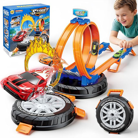 Topfresh 2026 Race Car Track Set Toy for Kids, Stunt Racing Playset with 360°Loop Car Track with Four 1:64 Scale Vehicles Gift Toys for Boys Girls Ages 3 4 5 6 7 8 (Upgrade)