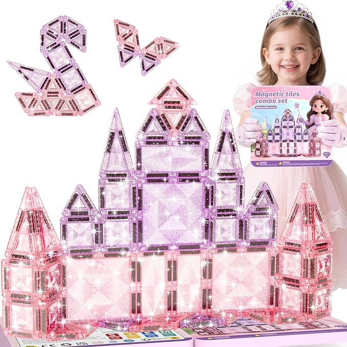 burgkidz Sparkling Glitter Magnetic Tiles for Girls Ages 3-8: 42PCS Pink & Purple Tiles with Storage Tin, Standard Size Compatible with Leading Brands, Dual Size Mix, Travel Friendly Birthday Gift