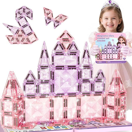 burgkidz Sparkling Glitter Magnetic Tiles for Girls Ages 3-8: 42PCS Pink & Purple Tiles with Storage Tin, Standard Size Compatible with Leading Brands, Dual Size Mix, Travel Friendly Birthday Gift