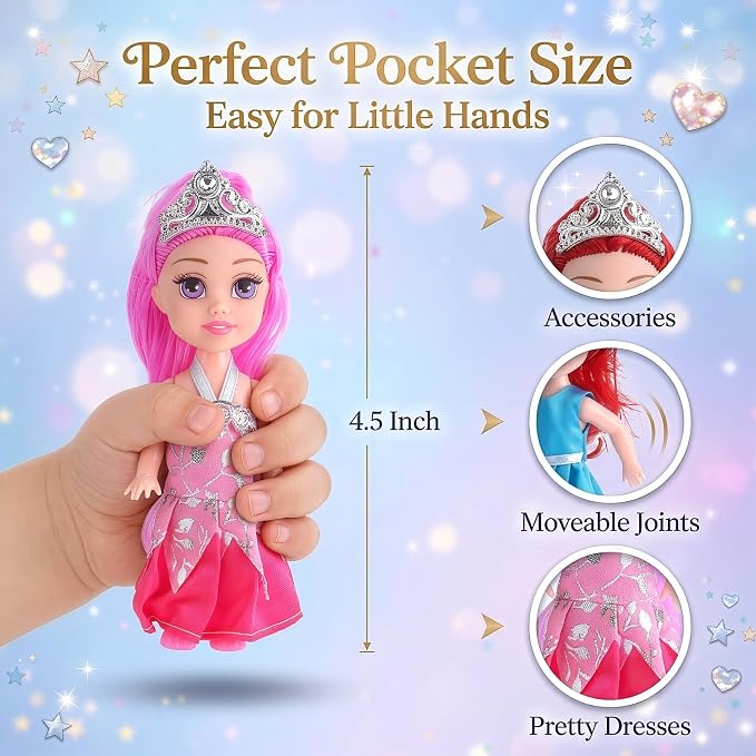 Liberty Imports 12 Pack Little Royal Princess Dolls - Mini Pocket Size Toddler Toys Fantasy Pretend Play Set with Dress, Accessories for Kids, Girls Dollhouse, Party Favors (4.5-inches)