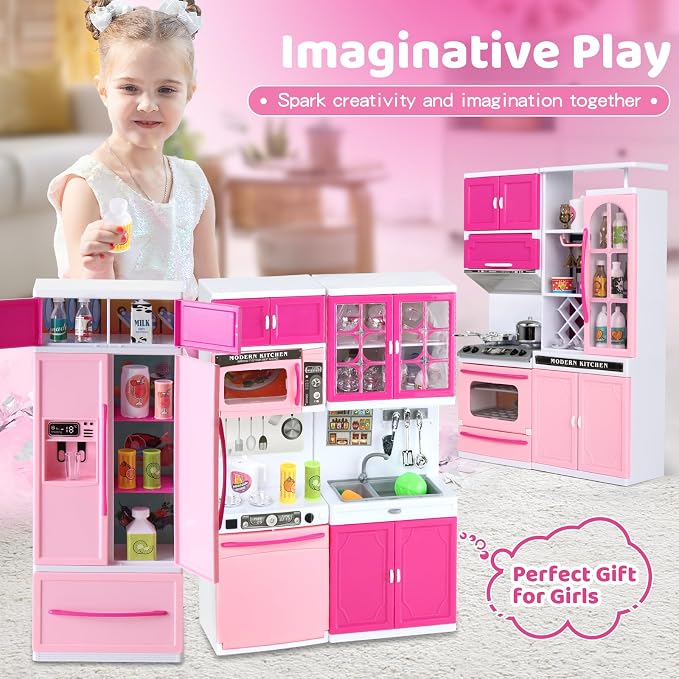 SOCBTNSO 64 PCS Pink Kitchen Toys with Lights Sounds|Mini Kitchen House Furniture Sets for Kids Ages 4-8|Doll Playset Toys for Toddlers 3-5|Birthday Gifts for 3 4 5 6 7 8 Old Girls
