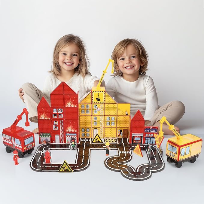 MEGAGONTILES Fire Station Magnetic Tiles Set 60PCS | STEM Magnetic Building Blocks with Fire Trucks & Cranes | Educational Construction Toy for Kids Ages 3–8 | Compatible with All Tile Brands