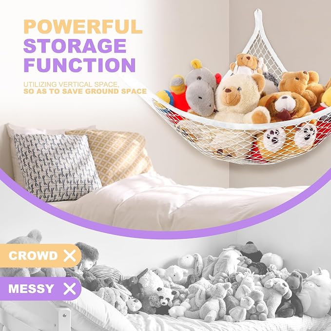 Lazebox Stuffed Animal Net Hammock for Plushie Toys, Stuffed Animal Hammock Corner for Kids' Room Decor, Ideas for Organizing Stuffy Collection, White, XL (82.6" x 43" x 43")-Pack of 2