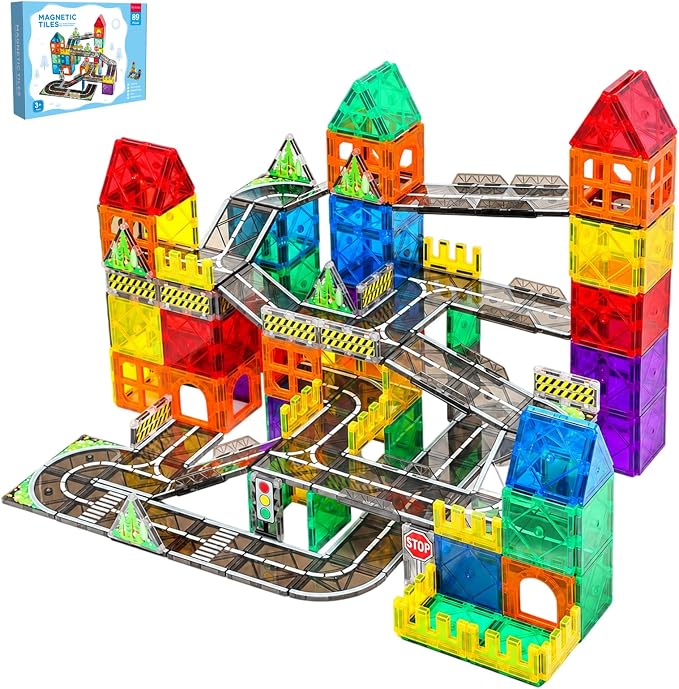 Magnetic Tiles Road Set, 89 PCS Magnetic Building Blocks with Roads, Bridges & Ramps, STEM City Building Toys for Kids Ages 3-8, Educational Construction Magnet Toys, Gifts for Boys Girls