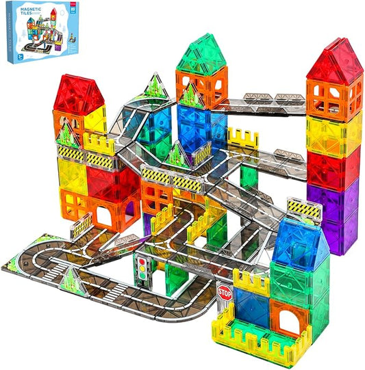 Magnetic Tiles Road Set, 89 PCS Magnetic Building Blocks with Roads, Bridges & Ramps, STEM City Building Toys for Kids Ages 3-8, Educational Construction Magnet Toys, Gifts for Boys Girls