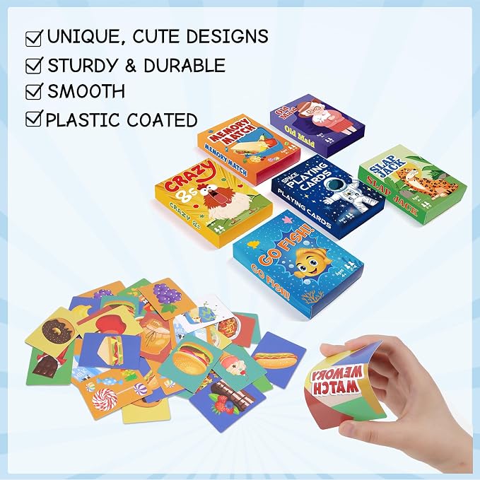 Card Games,6 Decks,Go Fish,Old Maid,Crazy 8s,Memory Match,Slap Jack,Space Playing Cards,Fun Game Cards for Kids Toddlers and Adults,Family Party Table Games, Stocking Stuffers Gifts for Kids