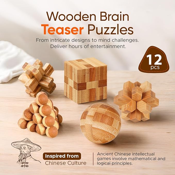 Wooden Brain Teaser Puzzles, 12pcs 3D Brain Teasers for Adults Teens Kids, Logic Mind Puzzle Box Lock Toy Removing Assembling Gift Set, Small Unique IQ Hand Puzzles