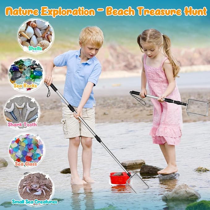 2 PCS Beach Mesh Shovel Sand Sifters, [50% Larger] Summer Enlarged Shark Tooth Sifter for Shell Collecting, Filter Sand Scooper Beach Tools for Adults and Kids