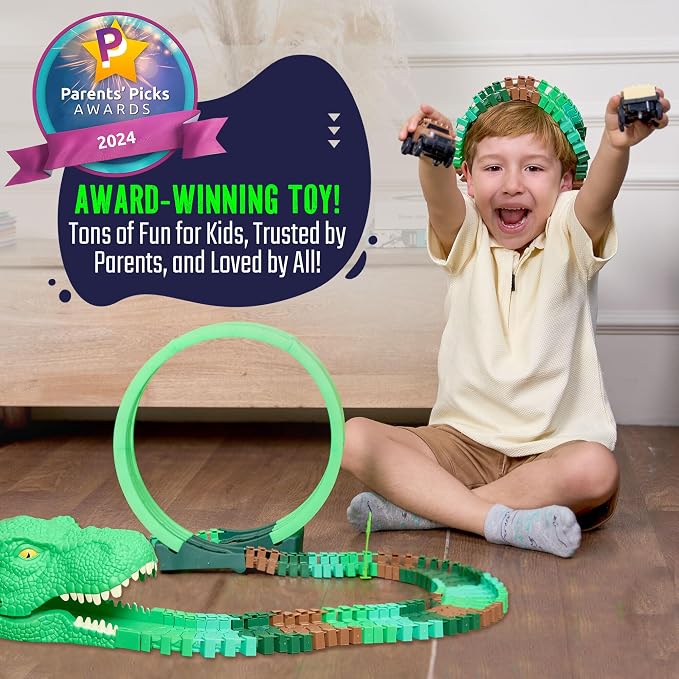 Dinosaur Jurassic Race Track Glow in The Dark Toy Playset - Includes Dino Figures, Epic Loop & Jaw Tunnel Set - Birthday for Kids, Boys & Girls 3-8 Years Old