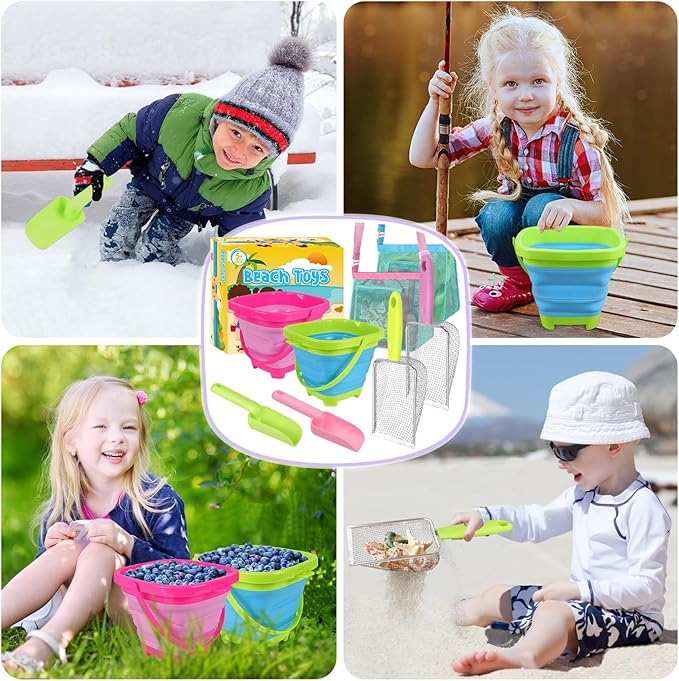 Beach Shell Collecting Set, Sand Toys with 2 Collapsible Buckets, Shark Tooth Sifters, Sand Scoops, Mesh Bags, Outdoor Exploration Tools & Treasure Hunt Toys for Kids, Family Beach Vacation Essentials