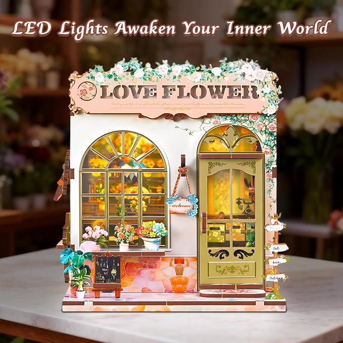 DIY Miniature House Kit, Flower Shop Book Nook Kit, Mini House Building Kit, Miniature Dollhouse Kit for Adults and Teens, 3D Wooden Puzzles with LED Light, Bookshelf Craft Kit for Family and Friends