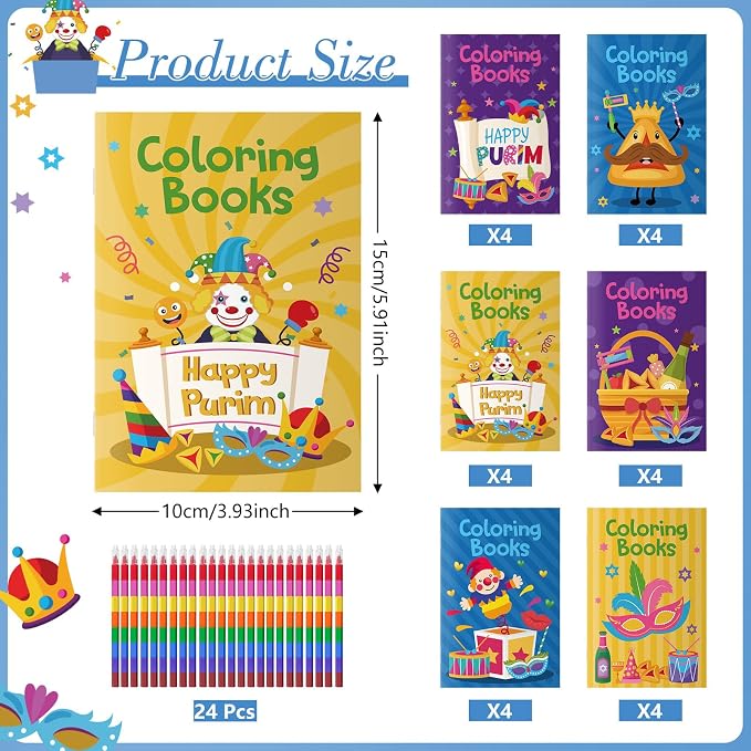 Cinrobiye 24 Set Purim Coloring Books DIY Happy Purim Mini Coloring Booklet Set with Stacking Crayons, Jewish Holiday Party Supplies, Goodie Fillers, Classroom Reward Favors
