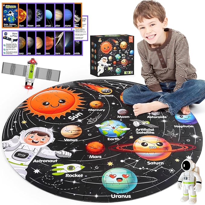 Puzzles for Kids Ages 4-6, Solar System Planets Flash Cards & Astronaut Figures & Satellite, 70 Piece Round Large Floor Jigsaw Puzzles, Educational Toy Gift for Ages 3 4 5 6 7 8 10 Year Old Boys Girls