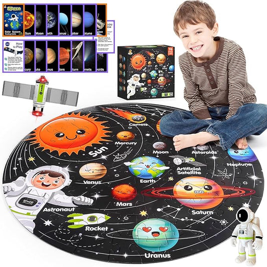 Puzzles for Kids Ages 4-6, Solar System Planets Flash Cards & Astronaut Figures & Satellite, 70 Piece Round Large Floor Jigsaw Puzzles, Educational Toy Gift for Ages 3 4 5 6 7 8 10 Year Old Boys Girls