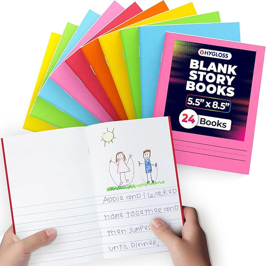 Hygloss Half Blank Books for Kids to Write Stories & Illustrate – Bulk 24 Pack – 5.5" x 8.5" A5 Primary Journal for Grades K-2, Preschool/Kindergarten Notebook with Picture Space – 24 Pages, Colored