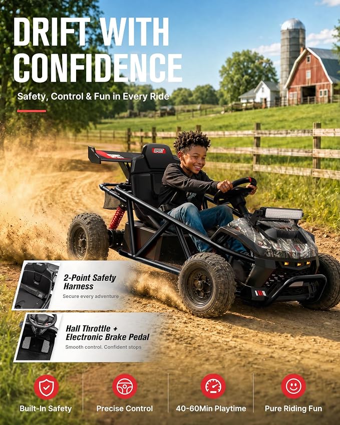 First Ride On 36V Kids Off-Road Go Kart, 400W Electric Ride-On Car for Ages 6+, Up to 9.3 MPH, EVA Tires, Metal Frame, Hall Throttle, Electronic Brake, Adjustable Seat, Bluetooth (Black Camo)