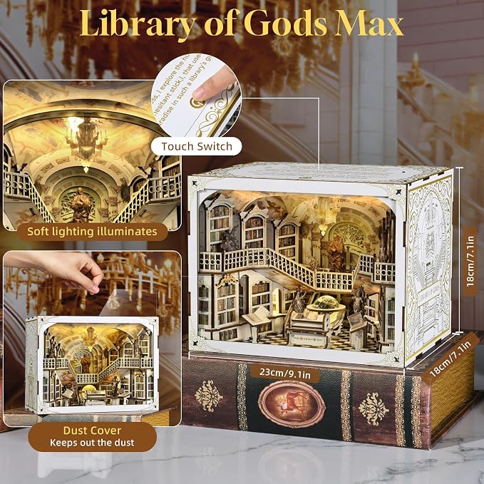 MiniCity DIY Book Nook Kit for Adults, 3D Wooden Puzzle Bookend Bookshelf Insert Decor with LED Light and Dust Cover (Library of Gods Max)