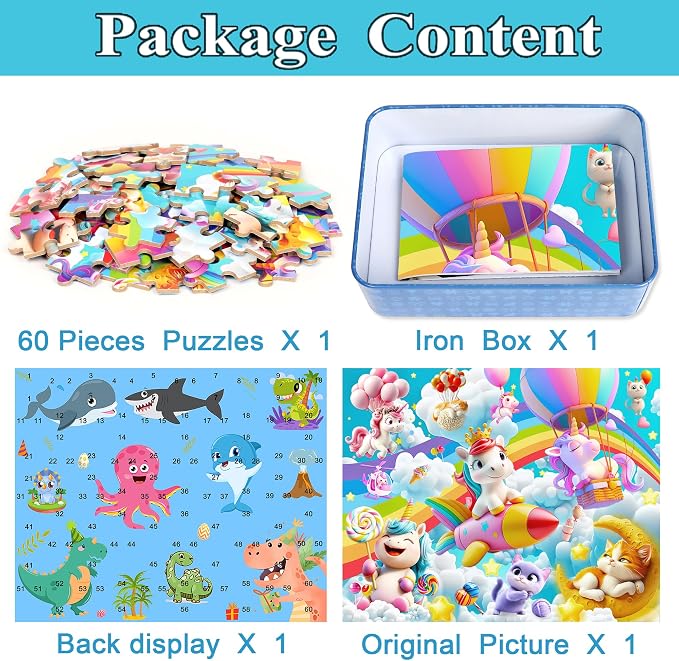 MZZOTOY Rainbow Horse Unicorn Puzzles for Kids Ages 4-8, 60 Pieces Jigsaw Puzzles for Kids Ages 3-5 Puzzle for Girls and Boys Learning Educational Puzzles Toys in a Metal Box