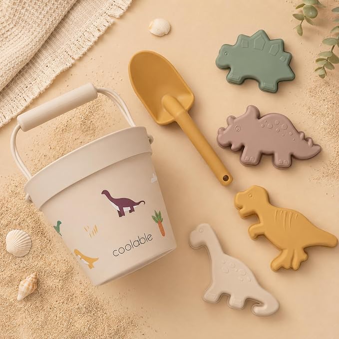 6-Piece Silicone Beach Toys Set for Kids - Foldable Sand Bucket, Shovel, 4 Sand Molds and Mesh Bag - Dinosaur World